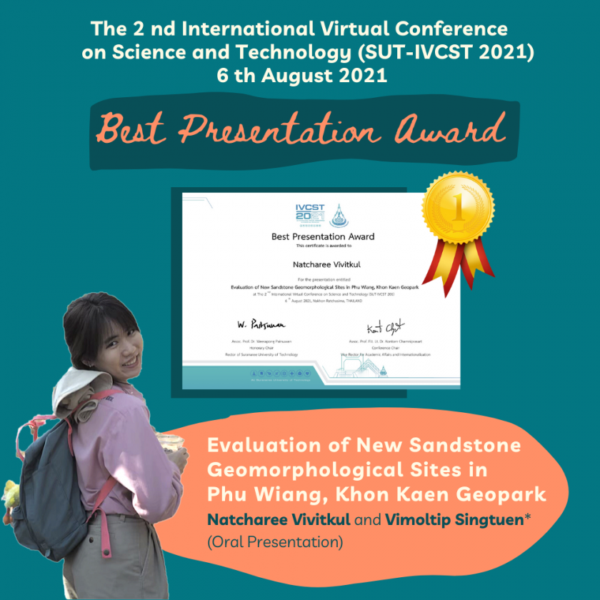 นักศึกษาปริญญาโทสาขาวิชาเทคโนโลยีธรณีได้รับรางวัล  Best Presentation Award จากการนำเสนอผลงานในการประชุมระดับนานาชาติ SUT-IVCST 2021