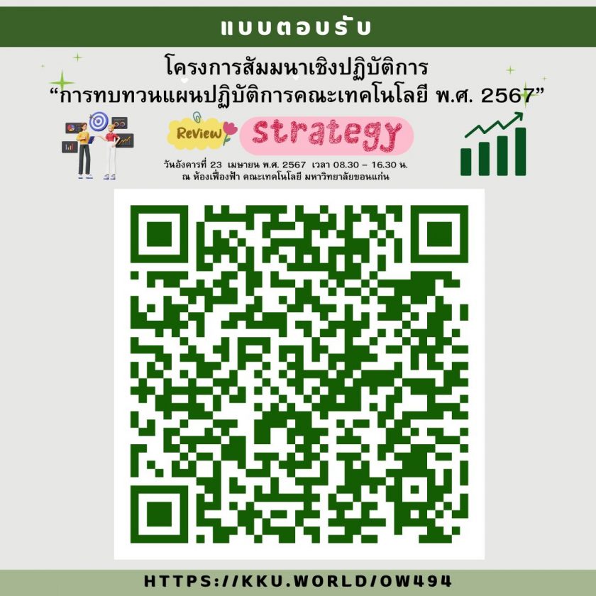 ขอเชิญชวนบุคลากรสายวิชาการและสายสนับสนุน คณะเทคโนโลยีทุกท่าน เข้าร่วม โครงการสัมมนาเชิงปฏิบัติการ “การทบทวนแผนปฎิบัติการคณะเทคโนโลยี 2567″  วันอังคารที่ 23 เมษายน 2567 เวลา 8.30 -16.30 น. ณ ห้องเฟื่องฟ้า คณะเทคโนโลยี มหาวิทยาลัยขอนแก่น