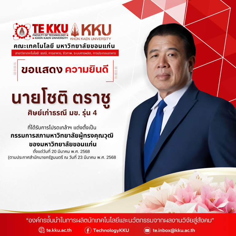 คณะเทคโนโลยี มหาวิทยาลัยขอนแก่น ขอแสดงความยินดีกับ นายโชติ ตราชู ศิษย์เก่าธรณี มข. รุ่น 4 ในโอกาสที่ได้รับ โปรดเกล้าฯ แต่งตั้งเป็น กรรมการสภามหาวิทยาลัยผู้ทรงคุณวุฒิ ของมหาวิทยาลัยขอนแก่น ตั้งแต่วันที่ 20 มีนาคม พ.ศ. 2568 (ตามประกาศสำนักนายกรัฐมนตรี ลงวันที่ 23 มีนาคม พ.ศ. 2568)