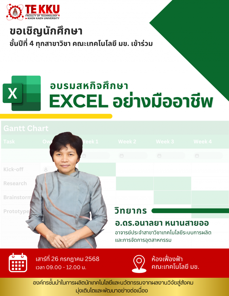 ชอเชิญนักศึกษาชั้นปีที่ 4 ทุกสาขาวิชา เข้าร่วม อบรมสหกิจศึกษา ประจำปีการศึกษา 2568   หัวข้ออบรม: “ Excel อย่างมืออาชีพ”  วิทยากร: อ.ดร.อนาลยา หนานสายออ อาจารย์ประจำสาขาวิชาเทคโนโลยีระบบการผลิต และการจัดการอุตสาหกรรม   วันเสาร์ที่ 26 กรกฎาคม 2568  เวลา 09.00 – 12.00 น.  ห้องเฟื่องฟ้า คณะเทคโนโลยี มหาวิทยาลัยขอนแก่น