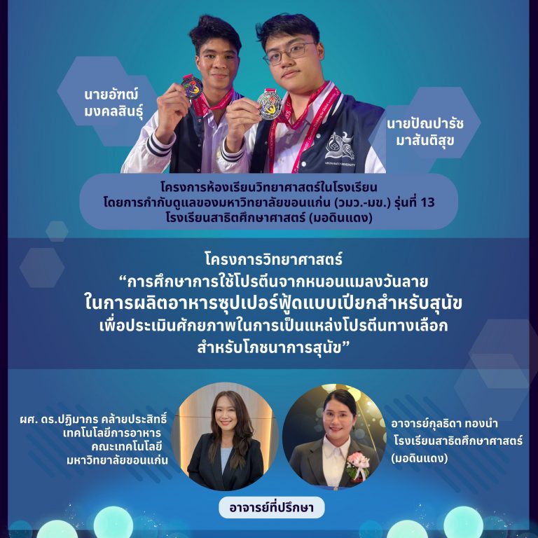 อาจารย์คณะเทคโนโลยี นำ 2 เยาวชนโครงการ วมว.-มข. คว้า 3 รางวัลเวทีวิจัยระดับชาติและนานาชาติ ด้วยนวัตกรรมซุปเปอร์ฟู้ดสำหรับสุนัขจากหนอนแมลง