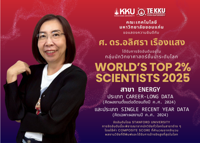 คณะเทคโนโลยี มหาวิทยาลัยขอนแก่น แสดงความยินดีกับ ศ. ดร.อลิศรา เรืองแสง ติดอันดับนักวิทยาศาสตร์ชั้นนำของโลก WORLD’S TOP 2% SCIENTISTS 2025