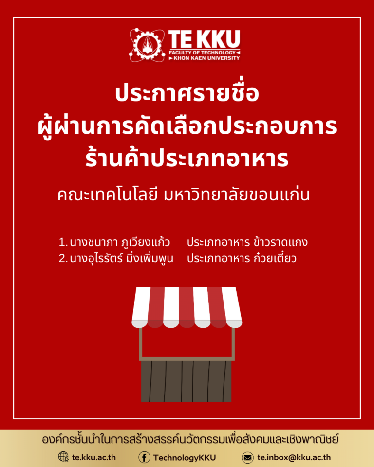 คณะเทคโนโลยี มหาวิทยาลัยขอนแก่น ประกาศรายชื่อผู้ผ่านการคัดเลือกประกอบการร้านค้าประเภทอาหาร