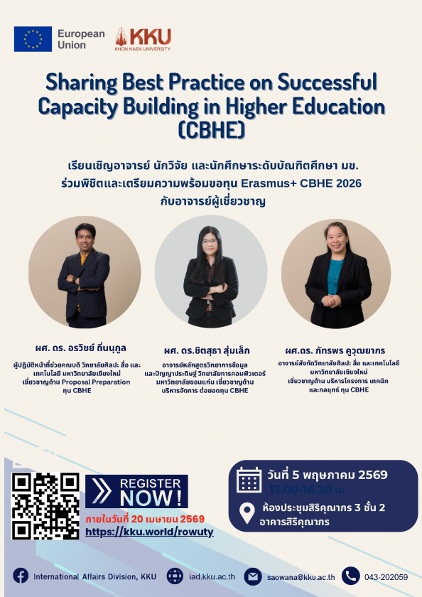 เปิดรับสมัครคณาจารย์ นักวิจัย และนักศึกษาระดับบัณฑิตศึกษา เข้าร่วม Erasmus+ Workshop: CBHE 2026 “Sharing Best Practice on Successful Capacity Building in Higher Education (CBHE)”